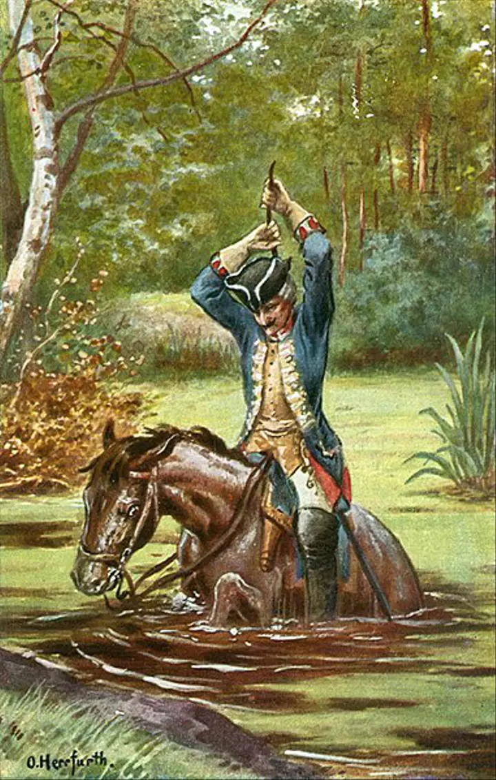 A painting of Münchhausen who lifts himself and his horse out of a swamp by pulling his hair.