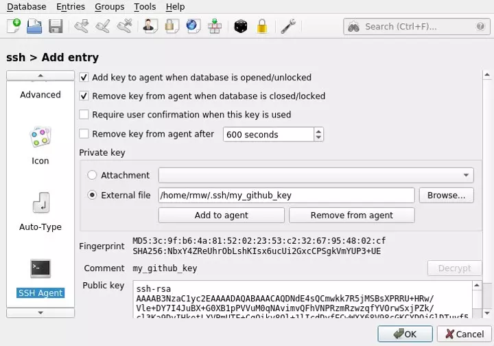 SSH Agent configuration in KeePassXC.