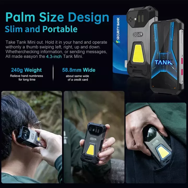 A marketing image of the Tank Mini phone.