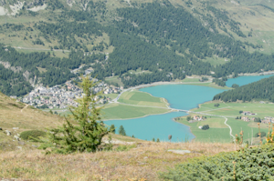 A scenic view of a small village nestled beside a blue lake surrounded by green hills and forests.